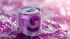 cold colorful metallic soda can in splashing water and with drops of condensate, fresh drink in liquid, advertising mock