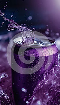 cold colorful metallic soda can in splashing water and with drops of condensate, fresh drink in liquid, advertising mock