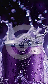 cold colorful metallic soda can in splashing water and with drops of condensate, fresh drink in liquid, advertising mock