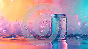 cold colorful metallic soda can in splashing water and with drops of condensate, fresh drink in liquid, advertising mock