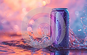 cold colorful metallic soda can in splashing water and with drops of condensate, fresh drink in liquid, advertising mock