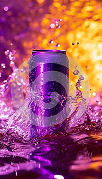 cold colorful metallic soda can in splashing water and with drops of condensate, fresh drink in liquid, advertising mock