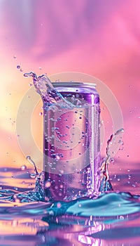 cold colorful metallic soda can in splashing water and with drops of condensate, fresh drink in liquid, advertising mock