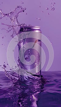 cold colorful metallic soda can in splashing water and with drops of condensate, fresh drink in liquid, advertising mock