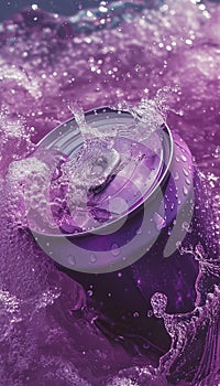 cold colorful metallic soda can in splashing water and with drops of condensate, fresh drink in liquid, advertising mock