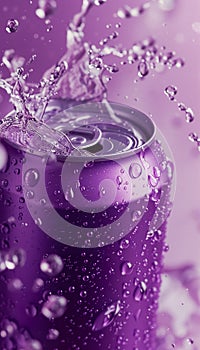 cold colorful metallic soda can in splashing water and with drops of condensate, fresh drink in liquid, advertising mock