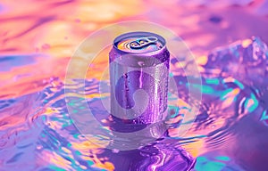 cold colorful metallic soda can in splashing water and with drops of condensate, fresh drink in liquid, advertising mock photo