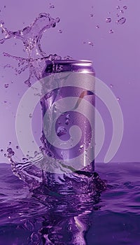 cold colorful metallic soda can in splashing water and with drops of condensate, fresh drink in liquid, advertising mock photo