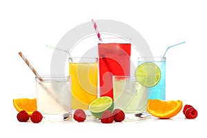 Cold colorful summer drinks with fruit isolated on white