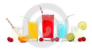 Cold colorful summer drinks with fruit isolated on white