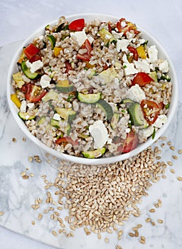 cold and colorful summer Mediterranean pearl barley salad