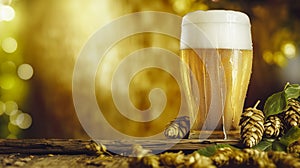 Cold Craft Beer in Glass with Foam and Hops on Rustic Table