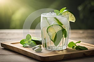 cold cucumber water, lemonade in a glass with slices of lime and lemon over wooden background, detox drink created with