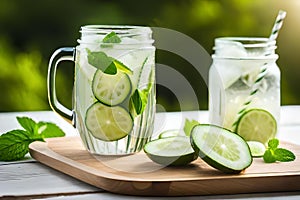 cold cucumber water, lemonade in a glass with slices of lime and lemon over wooden background, detox drink created with