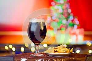 Cold Dark Beer On Christmas Background