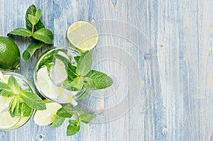 Cold detox summer mineral water with lime, mint, ice, straw on soft blue wood background as decorative border, top view.