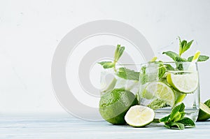 Cold detox summer mineral water with lime, mint, ice, straw on soft white background, copy space.