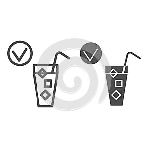 Cold drink and checkmark line and solid icon, International dentist day concept, No hypersensitivity tooth sign on white