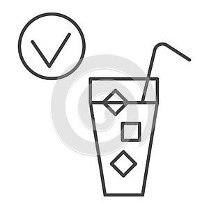 Cold drink and checkmark thin line icon, International dentist day concept, No hypersensitivity tooth sign on white