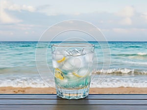 Cold drink in galss cup with beach ocean background