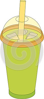 Cold Drink with ice. Green beverage in plastic cup. Set of cartoon beverages.