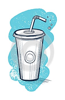 Cold drink in plastic cup hand drawn vector icon