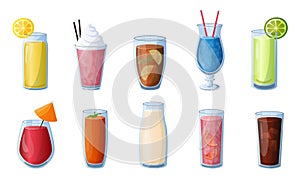 Cold drinks. Cartoon ice tea and lemonade with citrus and berries in different glasses with straws. Sketch of soda and fresh juice