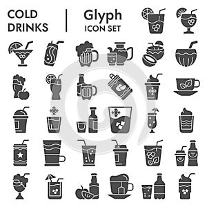 Cold drinks glyph icon set, summer beverages symbols collection, vector sketches, logo illustrations, alcoholic and non