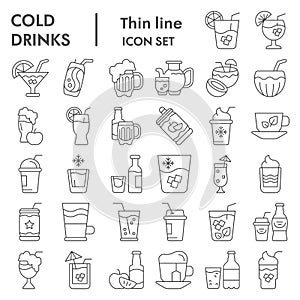 Cold drinks thin line icon set, summer beverages symbols collection, vector sketches, logo illustrations, alcoholic and