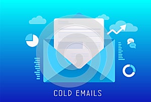 Cold Emails flat vector illustration. Unsolicited unwanted e-mail that is sent to a receiver without prior contact. Cold emailing