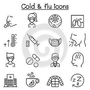 Cold, flu, allergy & sick icon set in thin line style