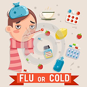 Cold flu disease illness sickness medicine flat design vector illustration