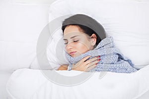 Cold And Flu. Portrait Of Ill Woman Caught Cold, Feeling Sick An