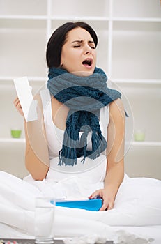 Cold And Flu. Portrait Of Ill Woman Caught Cold, Feeling Sick An