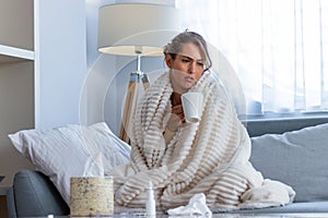 Cold And Flu. Portrait Of Ill Woman Caught Cold, Feeling Sick And Sneezing In Paper Wipe. Closeup Of Beautiful Unhealthy Girl