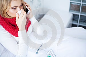 Cold And Flu. Sick Woman In Bed At Home Talking On Phone