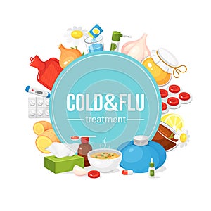 Cold and flue treatment round blue banner. Influenza  tonsillitis cure  therapy  health care