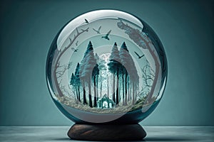 Cold forest world with trees and birds within a glass sphere.
