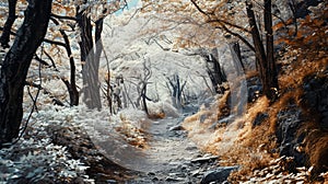 A cold freezing path through a dense forest