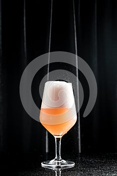 Cold fresh alcohol beverage champagne sparkling rose wine with bubbles in a flute glass. drink, holidays party concept