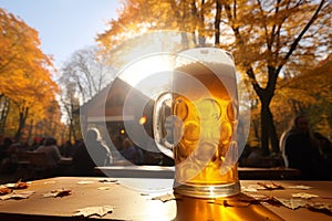 Cold fresh brilliance delicious unbottled craft beer foam mug glass keg beer table outside autumn. Brewery alcohol non