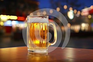 Cold fresh craft beer Oktoberfest Munich brilliance delicious unbottled foam mug glass keg beer wooden table bar pub