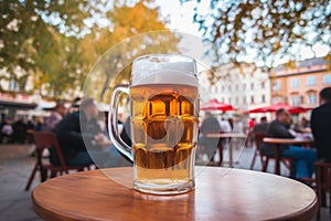 Cold fresh craft beer Oktoberfest Munich brilliance delicious unbottled foam mug glass keg beer wooden table bar pub