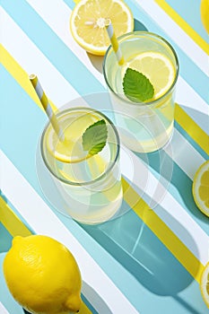 Cold fresh summer beverage cocktail juice yellow slice sunlight glass lemon refreshing lemonade drink leaf