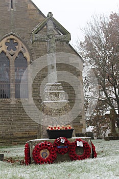 Cold frosty and foggy day in the church yard