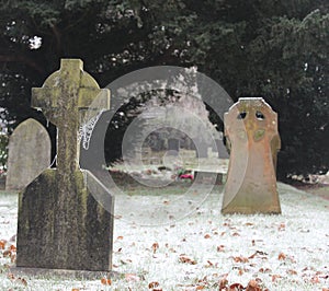 Cold frosty and foggy day in the church yard