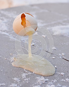 A cold, frosty weather experiment with eggs: A cracked egg is frozen with its eggshell above in freezing cold
