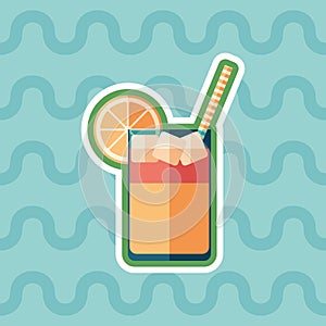 Cold fruit cocktail sticker flat icon with color background.