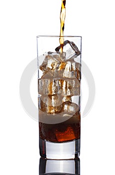 Cola being poured in a glass with ice cubes isolated on white background