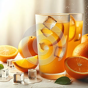 cold glass of orange juice with large drops of condensation on them on white background